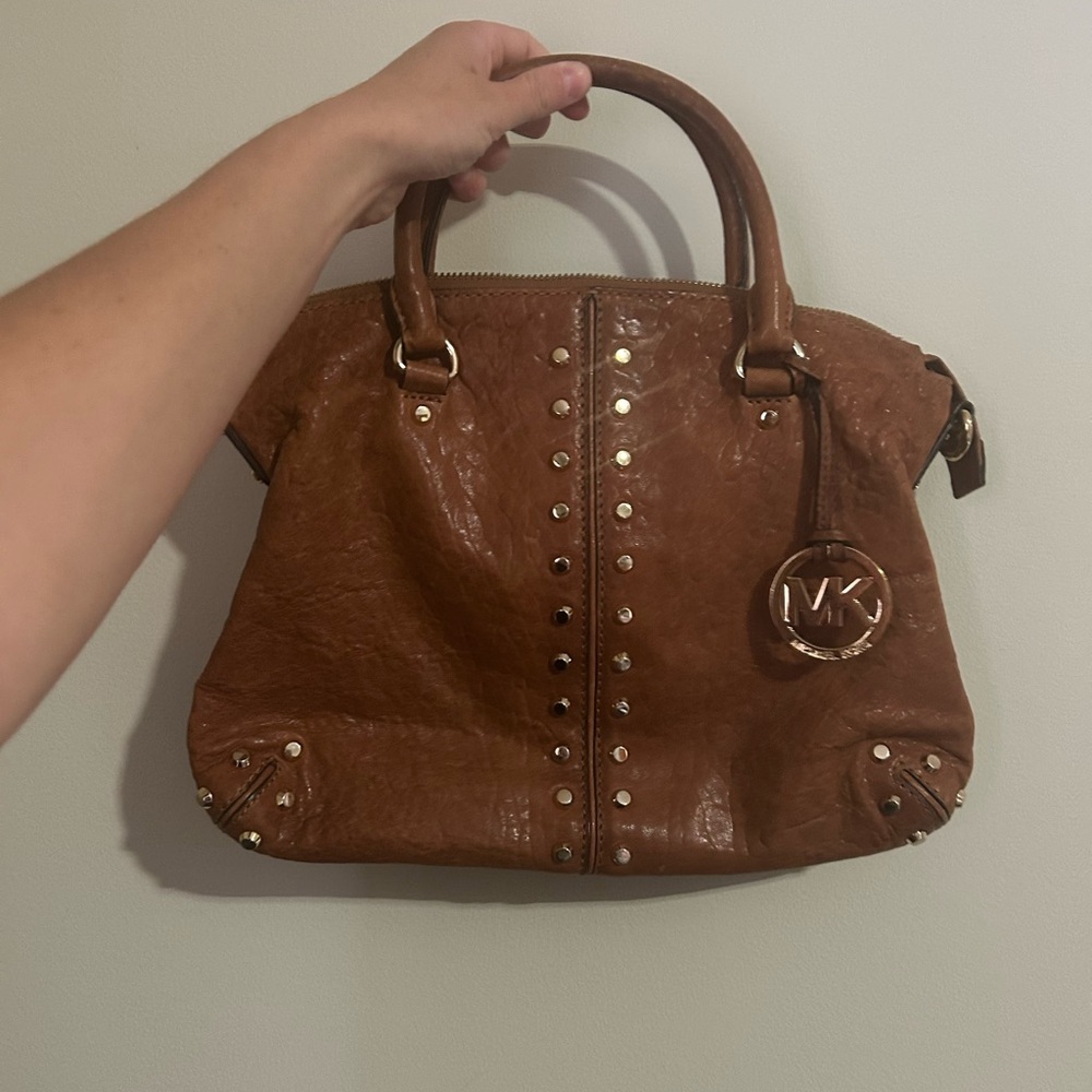 Michael Kors Brown Studded Leather Satchel with Logo Charm - Picture 3 of 3